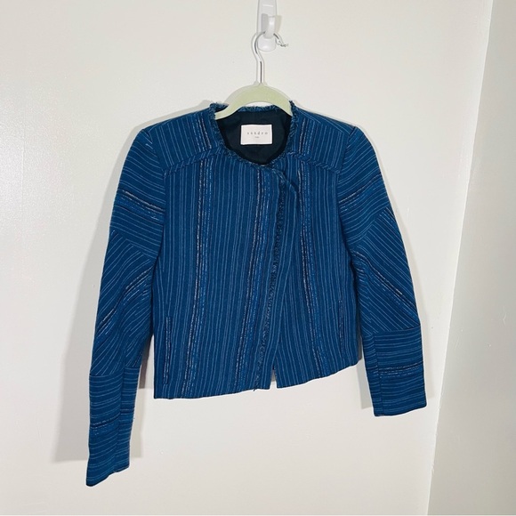 Sandro Egyptian Blue Asymmetrical Woven Denim Blazer Jacket French Denim Boho - Picture 3 of 11